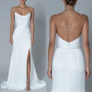 Rime Arodaky Naomi Pearl Strap Crepe Satin Maxi Gown Size 4 Solid White